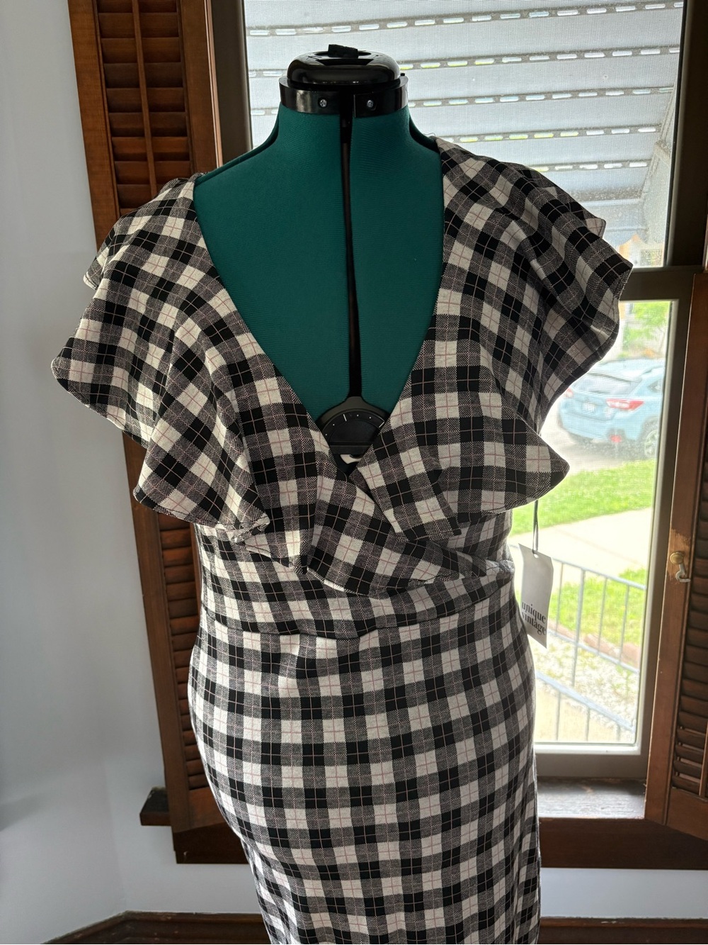 Unique Vintage Black and White Check Midi Dress - Picture 3 of 8